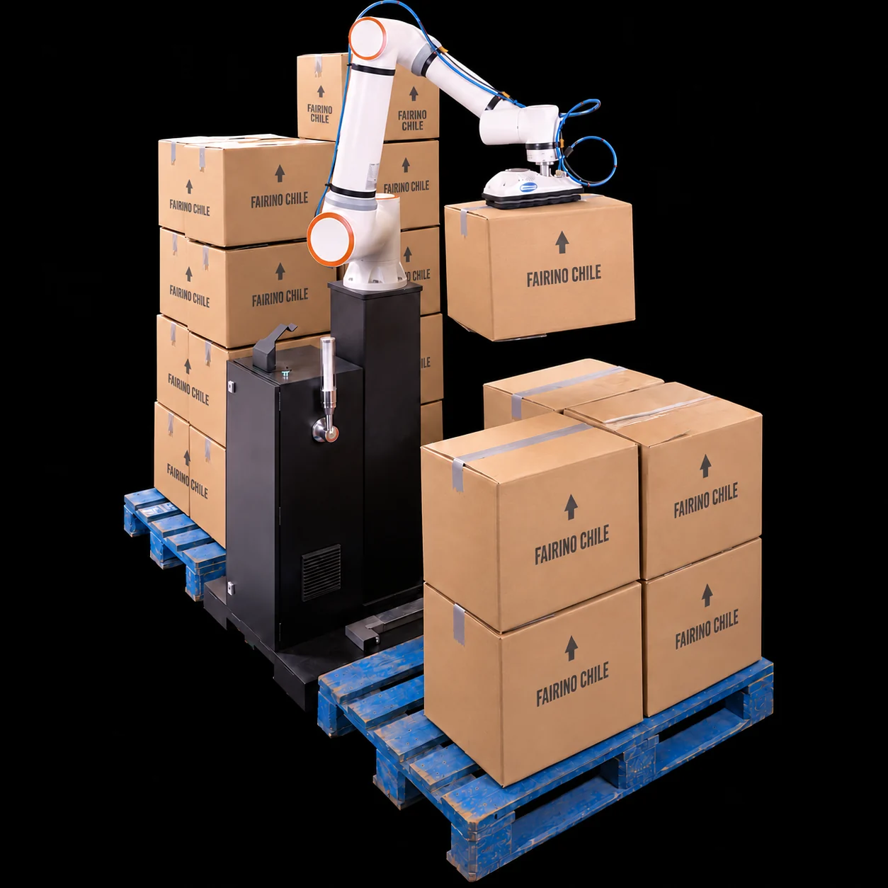 Robot colaborativo FAIRINO paletizando cajas en una estación de fin de línea en Chile